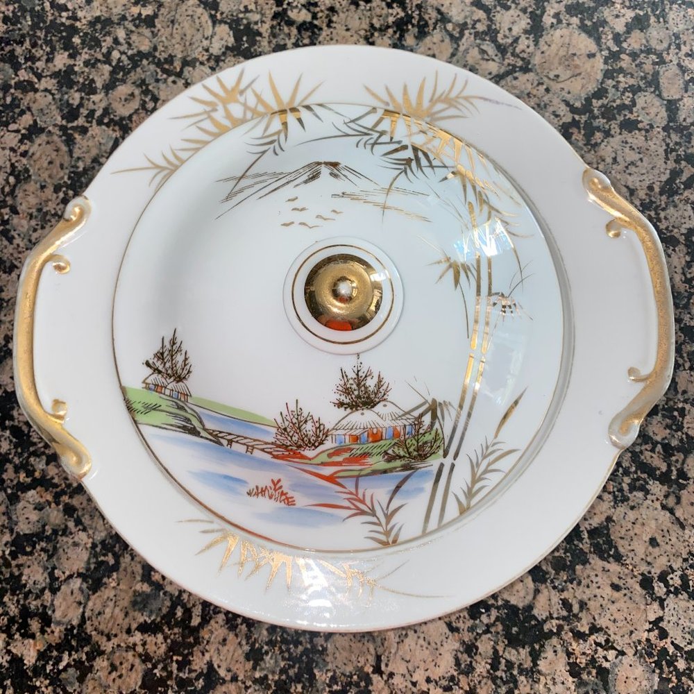 Vintage Kutani China Oval Vegetable Serving Bowl with lid HTF